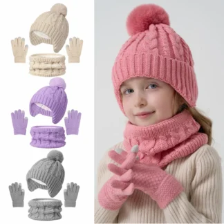 3Pcs Children Knitted Hat Scarf Gloves Set Fleece Lining Warm Kids Winter Hat Neck Warmer Suit Child Bonnet Cap Kids Beanie 3-8Y