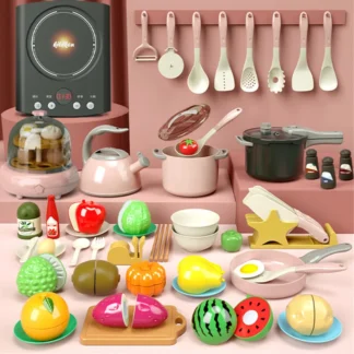 Children Simulation Kitchen Toys Accessories Pretend Play Fruits Cutting Cooking Toys Set with Pots Pans Utensils Cookware Gifts