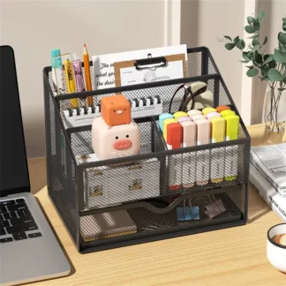 5-Slot Black Metal Desk Organizer,Space-Saving Desktop Storage Tray for Office and Home,Sturdy Storage for Documents.