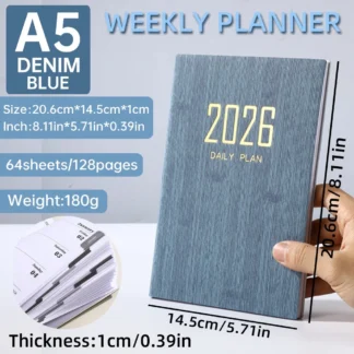 2026 A5 Weekly Planner Durable PU Cover 365 Days Daily Schedule Notebook Compact Calendar Journal School Office Agenda Organizer
