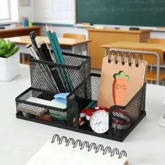Mesh Desk Organizer with 3 Compartments - Black Desktop Caddy, Pencil Holder & Storage Baskets, Multifunctional Office Supplies