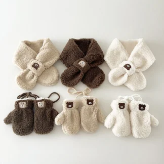 Bear Children Winter Mittens Thicken Warm Halter Baby Gloves for Girls Boys Lamb Wool Korean Kids Scarfs Baby Neck Warmer 2-6Y
