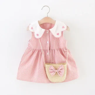 2PCS/SETSummer Girls' Dress New Foreign Trade Sweet Love Embroidered Lapel Simple Plaid Tank Top Skirt Strap Bag