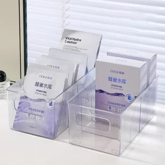 Clear Divided Desk Organizer Storage Box with 4 Compartments for Office Supplies, Face Masks & Belts - Plastic Desktop Storage