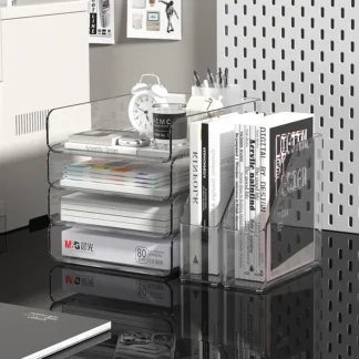 Desk Organizer with 2 Vertical File Holder, 4 Tier Stackable Paper Letter Tray File Organizer with  Pen Holder,Desk Organizer