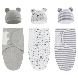 Baby Blanket Hat Set Cartoon Printed Cotton Newborn Swaddle Adjustable Infant Sleeping Swaddle Wraps All Seasons 0-6 Months