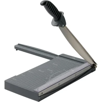 12-inch guillotine paper cutter with concealed ruler, 12-sheet capacity, suitable for cardstock, photos, and scrapbooks.