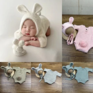 Newborn Photography Props Knitted Outfit Rabbit Doll Baby Cosplay Glasses Baby Photoshoot Props Accessories