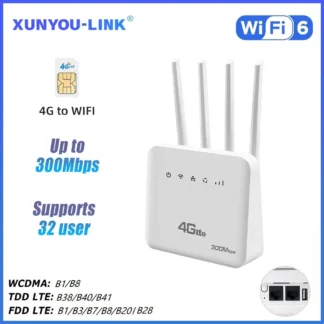 XUNYOU-LINK 4G LTE WiFi Router WiFi 6 300Mbps SIM Modem Wireless WiFi Modem Support 32 Device WIFI Router for Asia Africa Europe
