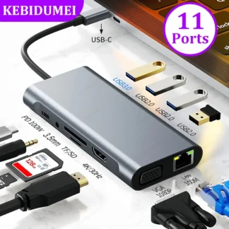 11-in-1 USB C Docking Station USB C HUB Type C to HDMI 4K USB 3.0 5Gbps Transmission USB Splitter Adapter For Laptop Macbook