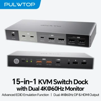 PULWTOP KVM Switch Docking Station for Laptop & Desktop,  KVM Switches Dock with 2 HDMI, USB A/C 3.2 10Gbps, 15W Charging, Audio