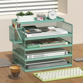 4-Tier Green Stackable Letter Tray Office Desk Organizer File Trays, Desktop Holder for Paper Letter Accessories with Pen Holder