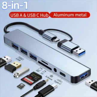 8 in 2 Type C HUB Docking Station USB Micro SD Card Reader with 3.5mm Audio Jack Adapter Laptop Tablet Phone Disk Converter