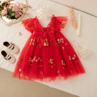 Summer New Floral Embroidery Chiffon Baby Girl Princess Dress, Cute Butterfly Wing Children'S Clothing (9 Months - 4 Years Old)