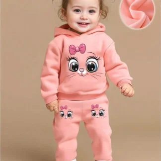 Baby girl cute cartoon cat pattern long sleeved fleece hooded sweatshirt+casual simple pants set, spring and autumn two-piece se