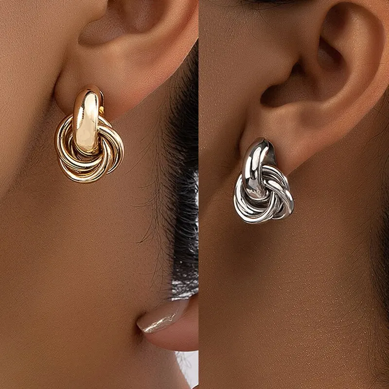 2 Pair Set Gold SIlver Color Knot Hoop Earring Set For Women Shiny Plating Trendy Earring Stud Cute Daily Wear Jewelry Set - الصورة 7