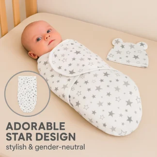 1PC Baby Swaddle Set with Hat, Soft Gray, Star, Cloud & Moon Patterns for Boys and Girls, Holiday Gift