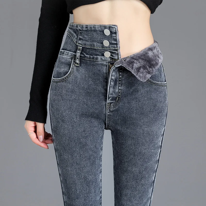 Thermal Winter Thick Fleece High-waist Warm Skinny Jeans Thick Women Stretch Button Pencil Pants Mom Casual Velvet Jeans - Image 9