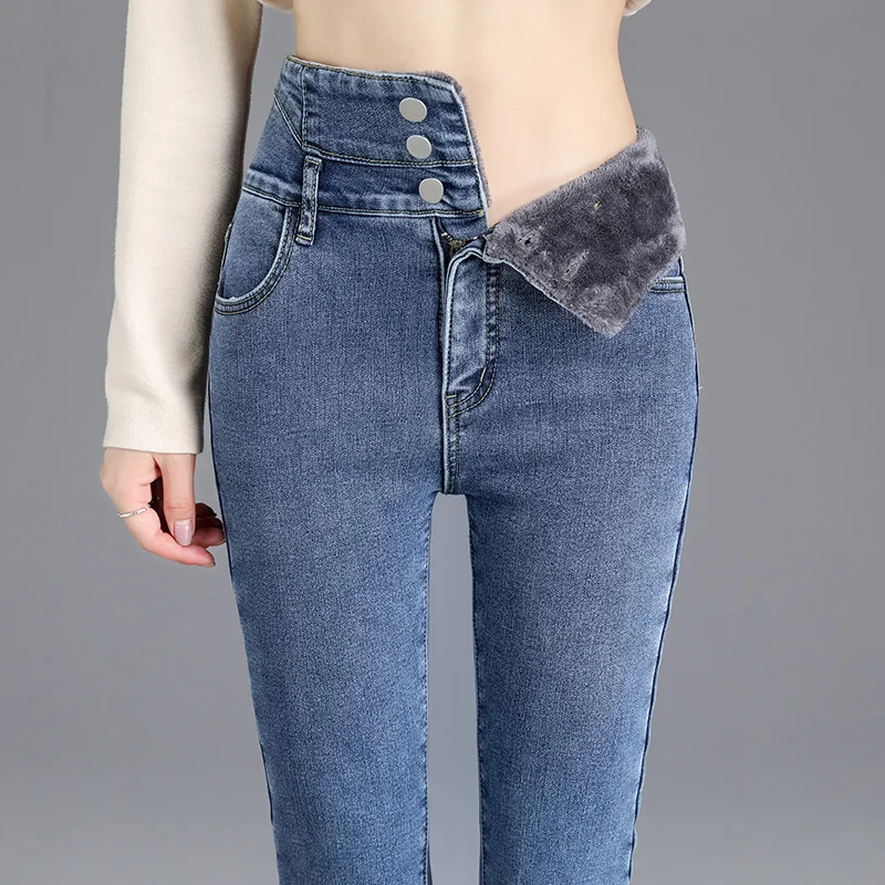 Thermal Winter Thick Fleece High-waist Warm Skinny Jeans Thick Women Stretch Button Pencil Pants Mom Casual Velvet Jeans - Image 10