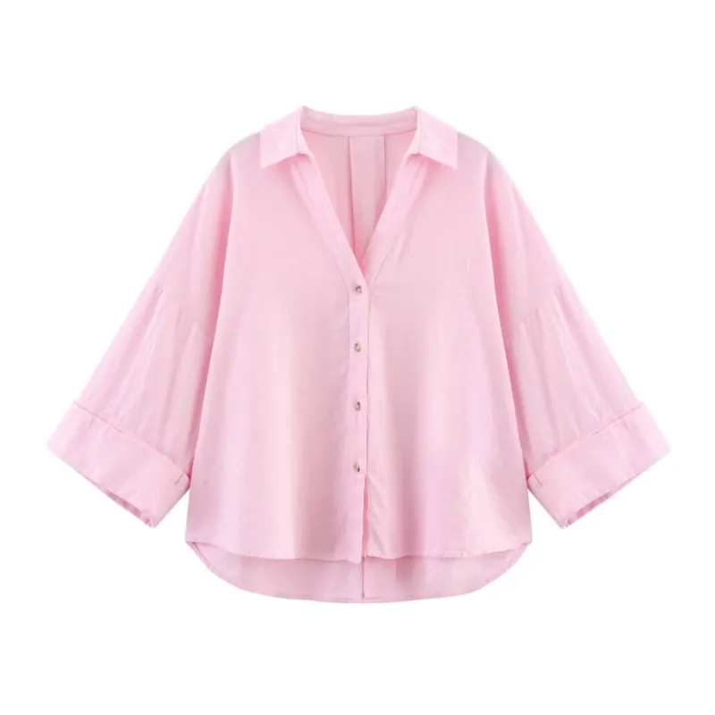 HipSeam Wide Sleeved Shirt Women Spring Asymmetric Hem Button Women's Shirts Simple Lady Johnny Collar Shirts & Blouses - Image 2