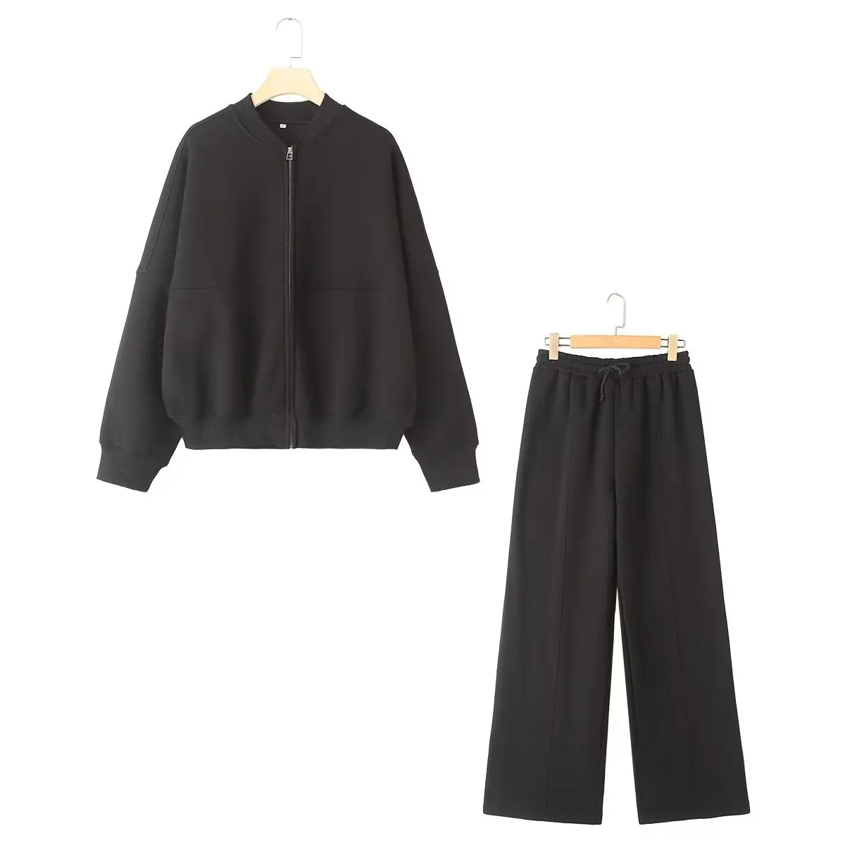 HH Women's Fall 2-Piece Retro Solid Color Zip Bomber Jacket Sweatshirt+High Waist Lace Up Women's Wide Leg Pants Street Wear - Image 14