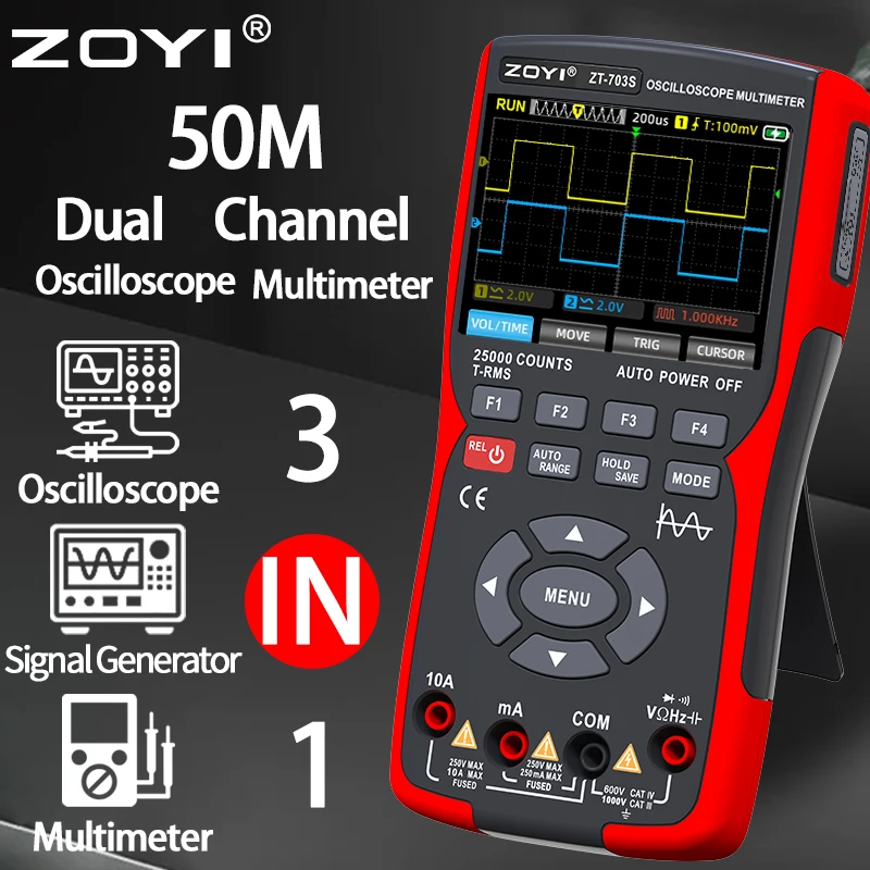 ZT-703S 3 in 1 Handheld Oscilloscope Automotive Dual Channel 50MHz with Digital Multimeter and Signal Generator Tester - Image 2
