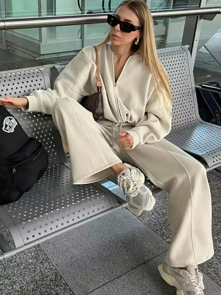 HH Women's Fall 2-Piece Retro Solid Color Zip Bomber Jacket Sweatshirt+High Waist Lace Up Women's Wide Leg Pants Street Wear - Image 3