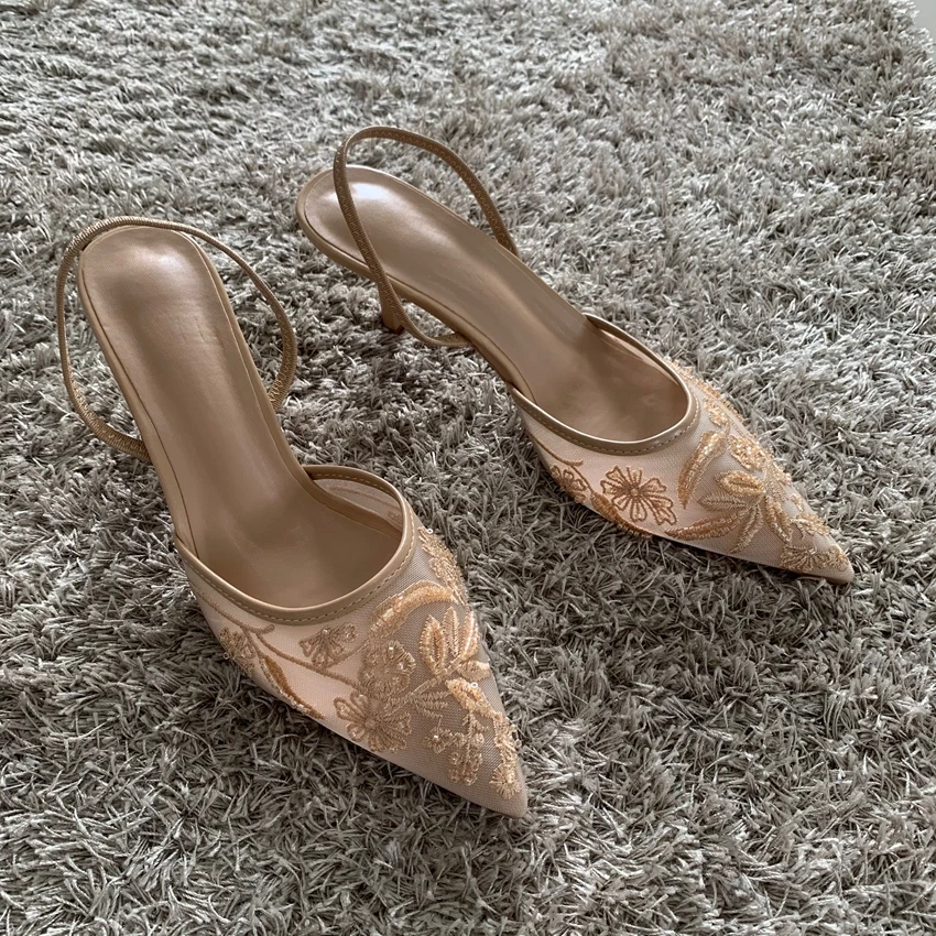 2026 String Bead Mesh Embroider Slingback High Heels Women Sexy Pointed Toe Heeled Sandals Summer Elegant Luxury Designer Shoes - Image 9