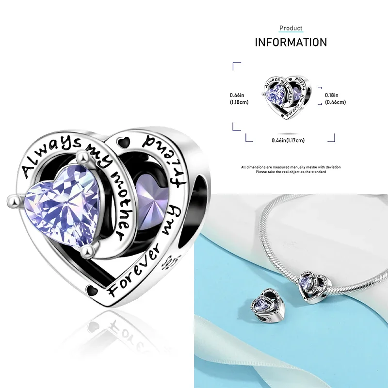 925 Sterling Silver 12 Months Birthstone Heart-shaped Beads Charms Fit Original Bracelet Charm Beads Necklace Diy Female Jewelry - Image 22