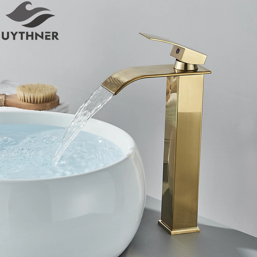Brushed Golden Basin Faucets Elegant Waterfall Bathroom Sink Faucet Single Lever Hole Deck Mount Brass Mixer Taps - Image 9