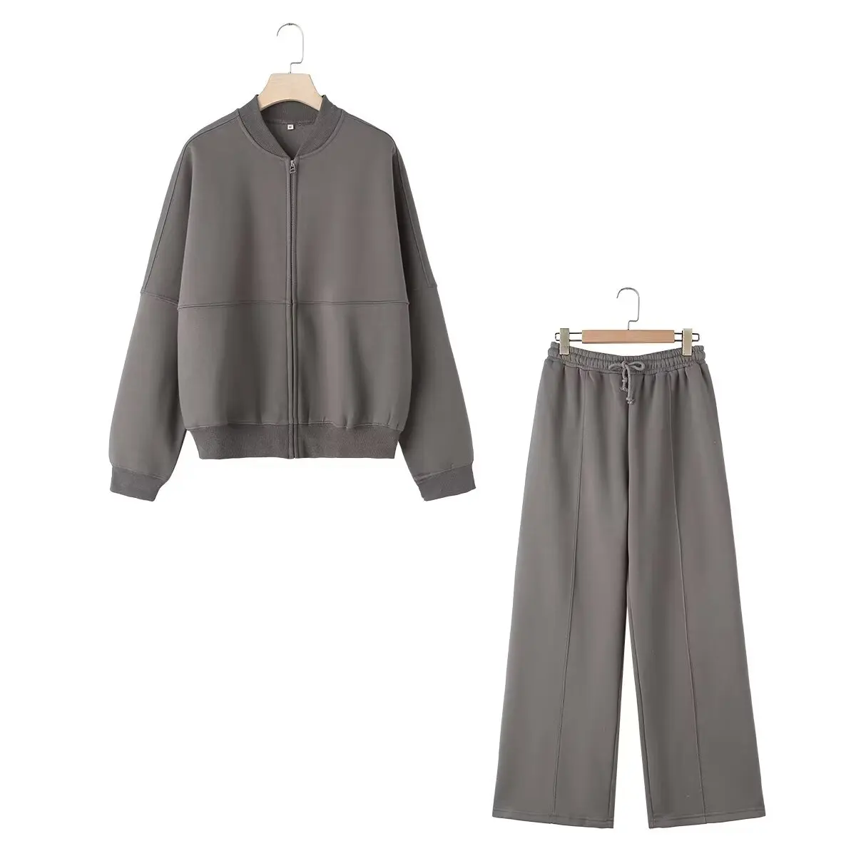 HH Women's Fall 2-Piece Retro Solid Color Zip Bomber Jacket Sweatshirt+High Waist Lace Up Women's Wide Leg Pants Street Wear - Image 7