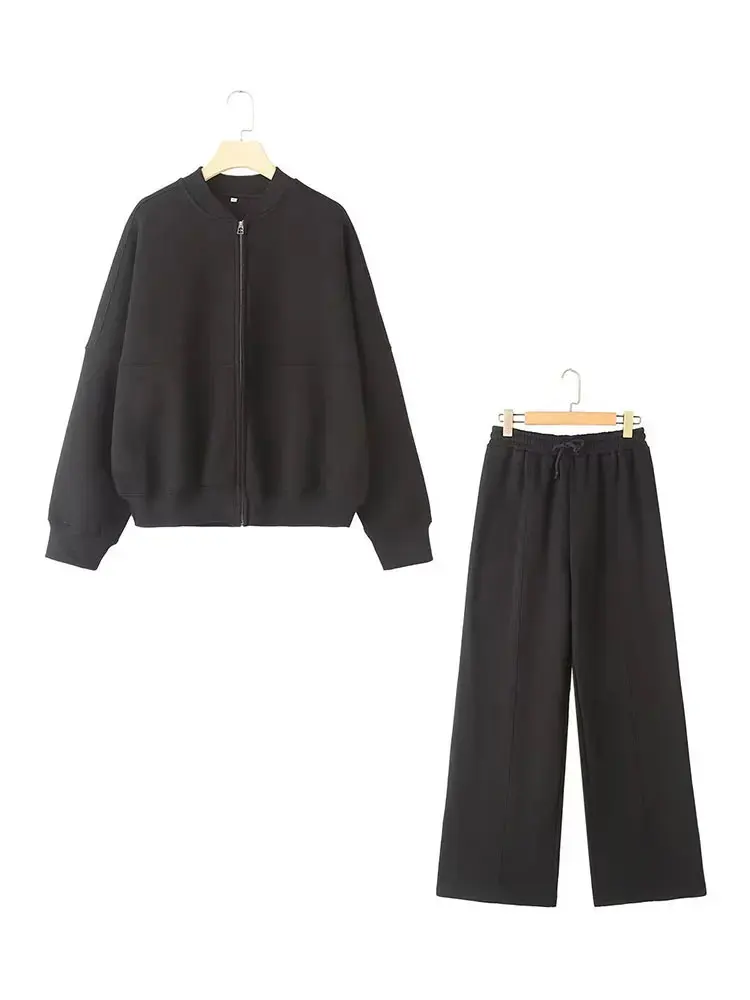 HH Women's Fall 2-Piece Retro Solid Color Zip Bomber Jacket Sweatshirt+High Waist Lace Up Women's Wide Leg Pants Street Wear - Image 6