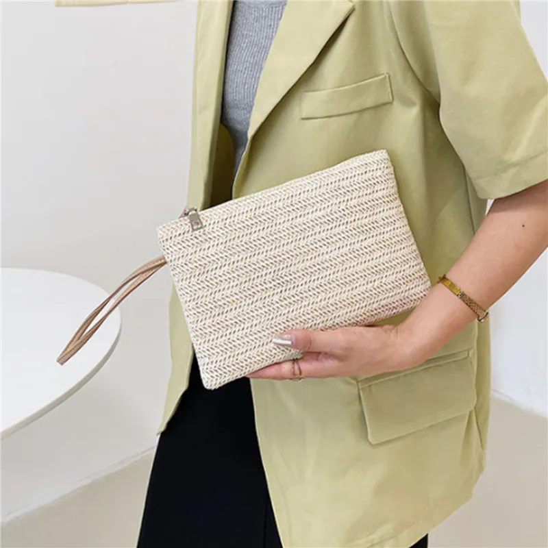 Women Clutch Bag Handmade Backpack Fashion Ladies Wristlet Girl Phone Solid Straw Woven Coin Purse Beach Wallet Fresh Sweet - Image 3
