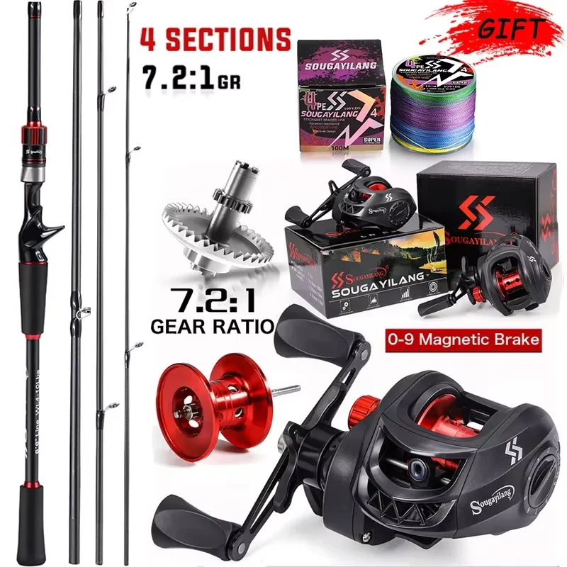 Sougayilang 1.8~2.1m Carbon Fiber Casting Rod and 7.2:1 Gear Ratio Baitcasting Reel Fishing Rod Reel Set Max Drag 10kg for Bass