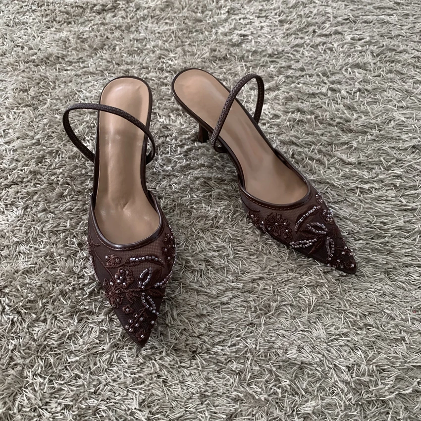2026 String Bead Mesh Embroider Slingback High Heels Women Sexy Pointed Toe Heeled Sandals Summer Elegant Luxury Designer Shoes - Image 3