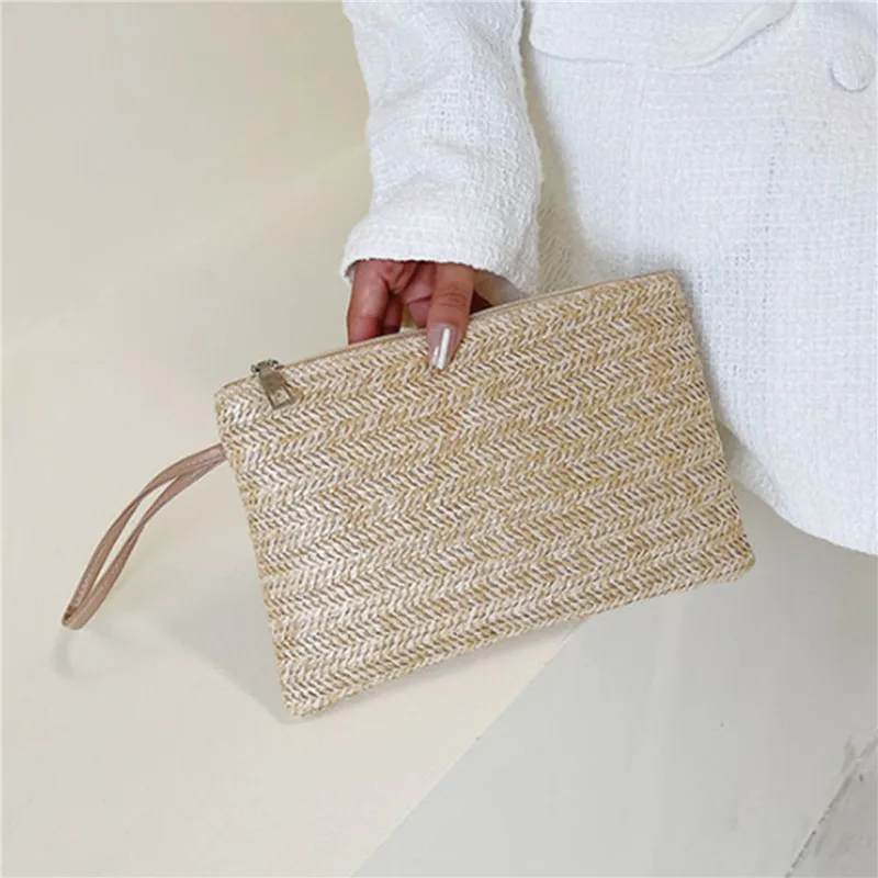 Women Clutch Bag Handmade Backpack Fashion Ladies Wristlet Girl Phone Solid Straw Woven Coin Purse Beach Wallet Fresh Sweet - Image 5