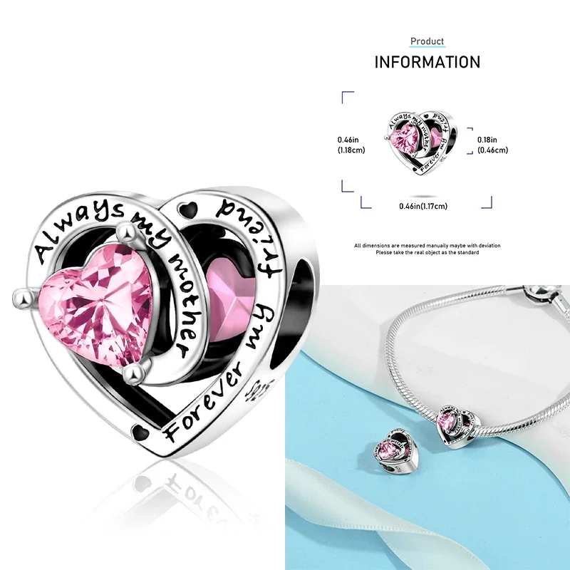 925 Sterling Silver 12 Months Birthstone Heart-shaped Beads Charms Fit Original Bracelet Charm Beads Necklace Diy Female Jewelry - Image 34