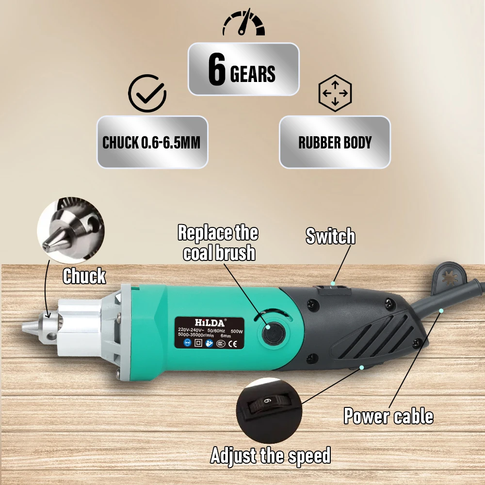 HILDA 500W Green Engraver Electric Drill 6-Position Variable Speed High-Power Woodworking Rotary Tools Set Grinder Polishing - Image 2