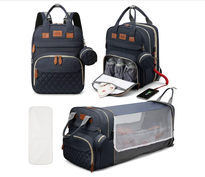3 In 1 Diaper Bag Backpack Foldable Baby Bed Waterproof Travel Bag with USB Charge Diaper Bag Backpack with Changing Bed 3 types - Image 7