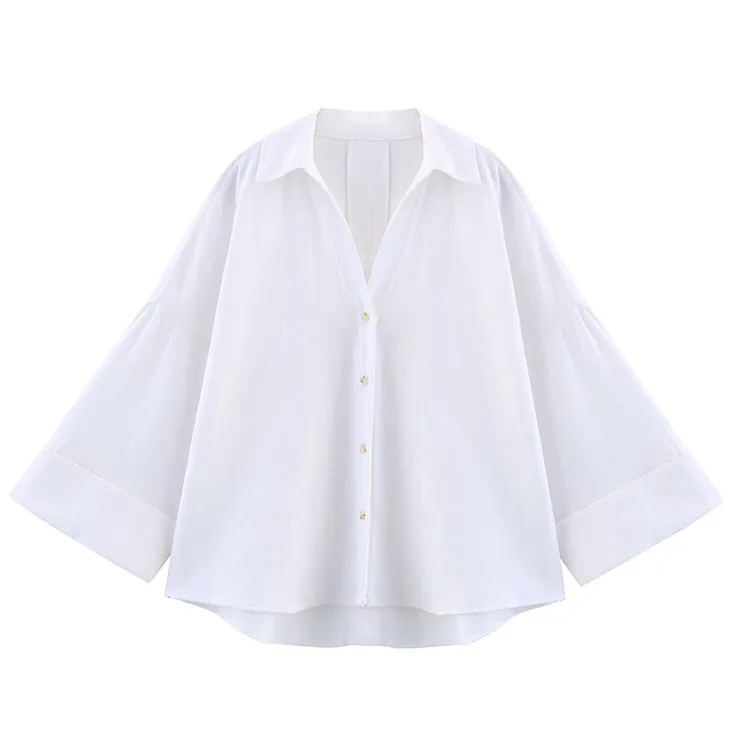 HipSeam Wide Sleeved Shirt Women Spring Asymmetric Hem Button Women's Shirts Simple Lady Johnny Collar Shirts & Blouses - Image 7