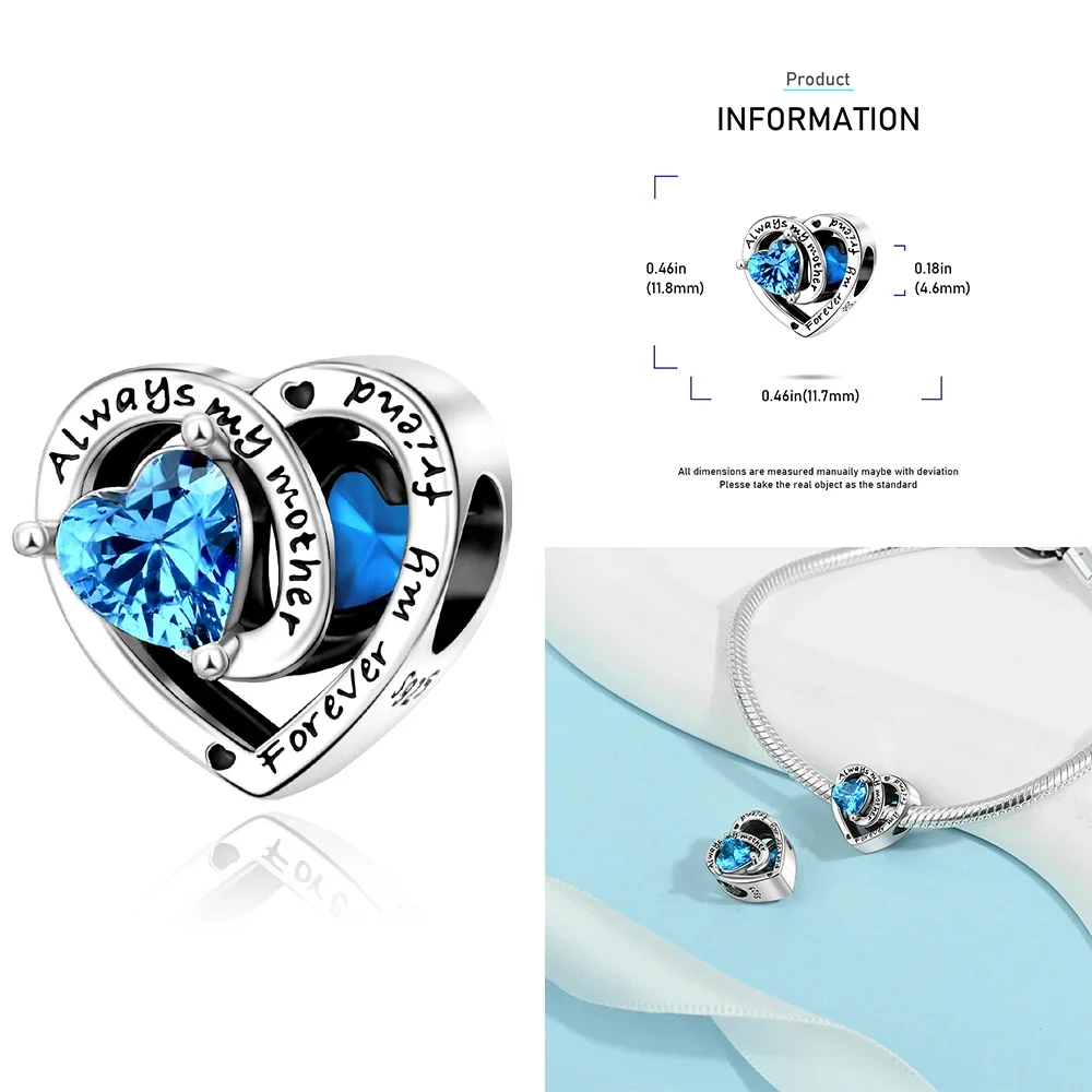 925 Sterling Silver 12 Months Birthstone Heart-shaped Beads Charms Fit Original Bracelet Charm Beads Necklace Diy Female Jewelry - Image 36