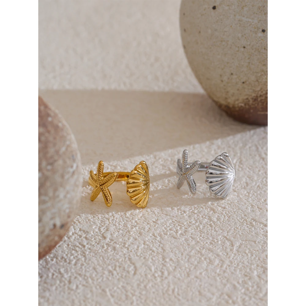 Yhpup Ocean Style Stainless Steel Metal Shell Starfish Adjustable Summer Ring for Women Beach Charm Finger Jewelry High Quality - Image 2