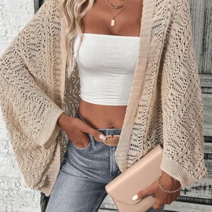 Polyester 100.00% solid color camisole knit cardigan elegant front open bat wing sleeve loose cardigan for women