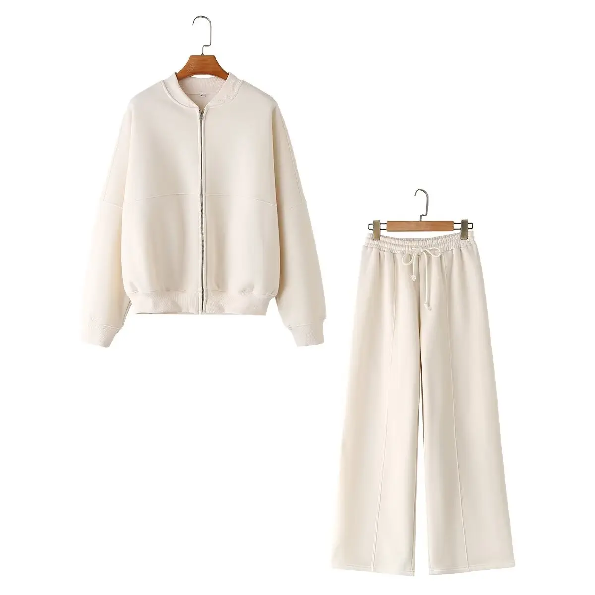 HH Women's Fall 2-Piece Retro Solid Color Zip Bomber Jacket Sweatshirt+High Waist Lace Up Women's Wide Leg Pants Street Wear - Image 15
