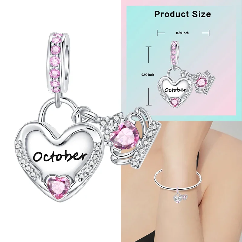925 Sterling Silver 12 Months Birthstone Heart-shaped Beads Charms Fit Original Bracelet Charm Beads Necklace Diy Female Jewelry - Image 11