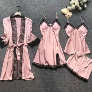 4PCS Sleepwear Pajamas Set Women Nightdress Lace Dress Robe Sleep Nightwear Solid Color Pijama Sets