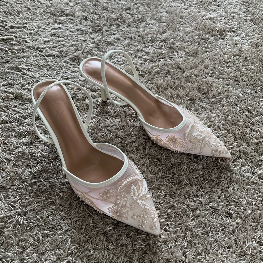 2026 String Bead Mesh Embroider Slingback High Heels Women Sexy Pointed Toe Heeled Sandals Summer Elegant Luxury Designer Shoes - Image 8