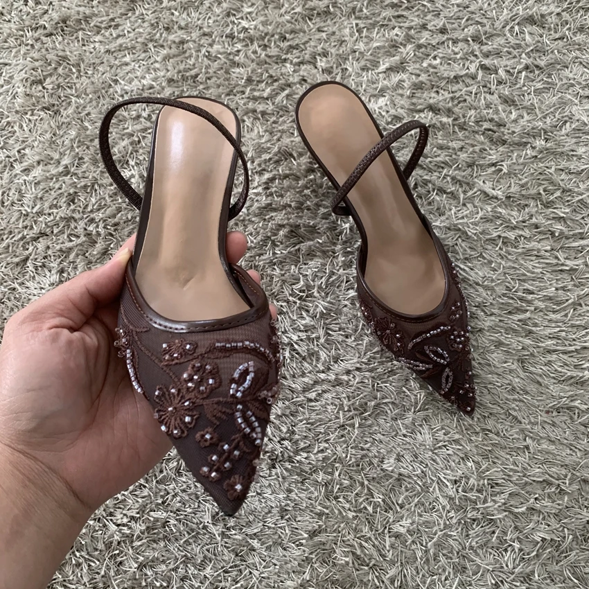 2026 String Bead Mesh Embroider Slingback High Heels Women Sexy Pointed Toe Heeled Sandals Summer Elegant Luxury Designer Shoes - Image 5