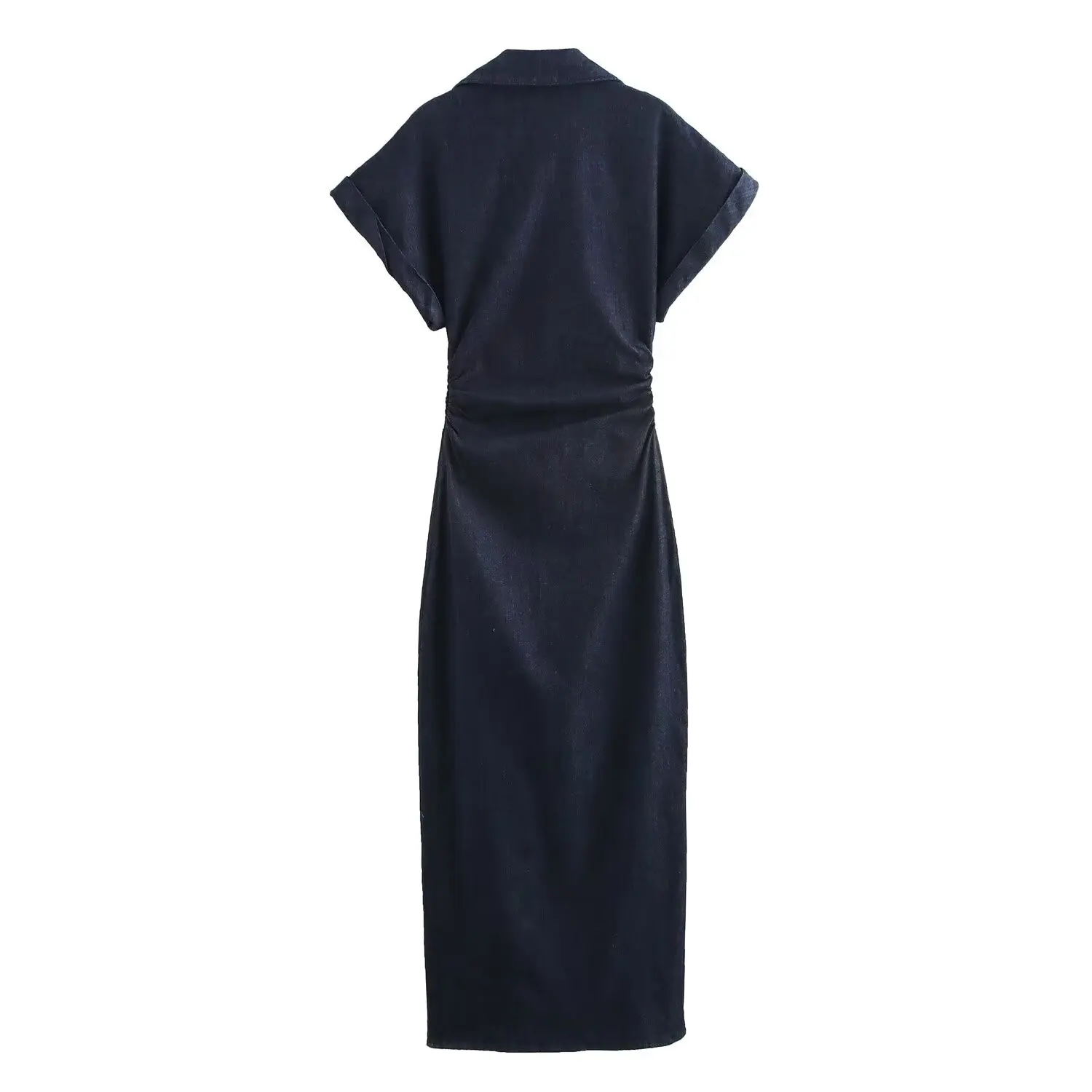 ETJ 2025 Spring New 1975 series denim MIDI dress with lapel side zipper fashion wrinkle waist slim elegant dress - Image 6