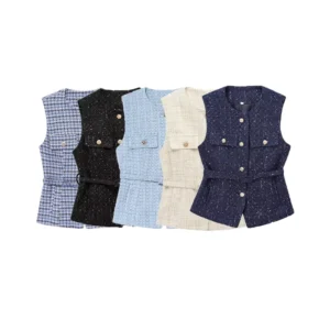 Women's Tweed Waistcoat with Belt, O Neck, Sleeveless, Front Button, Female Outerwear, Chic Tops, Fashion